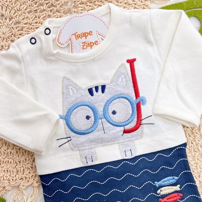 Kit 3 Peças - Bodys Manga Longa Gatinho com Peixinhos - Off White e Marinho